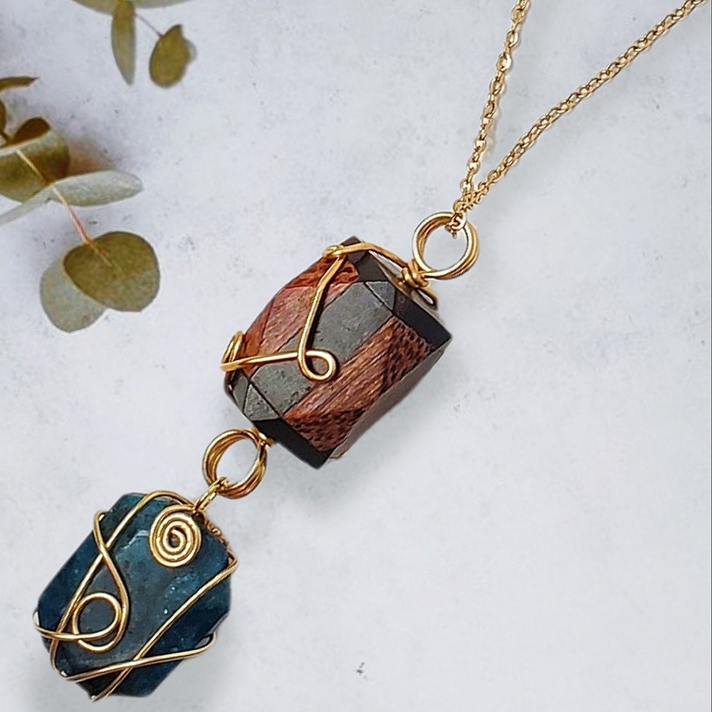 Handmade Wire Wrapped Agate and Dark Wood Stainless Steel Chain Necklace